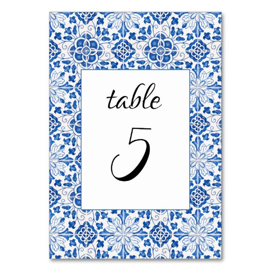 Portugiesisch Tiles Blue Mediterranean Wedding Tischnummer (Vorderseite)