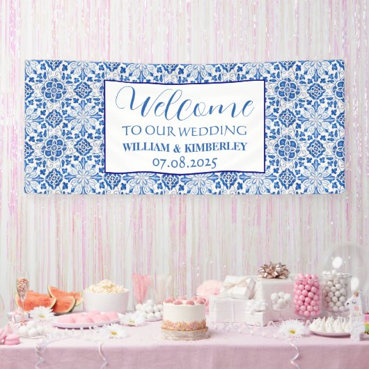 Portugiesisch Tiles Blue Rustic Elegante Wedding Banner (Party)