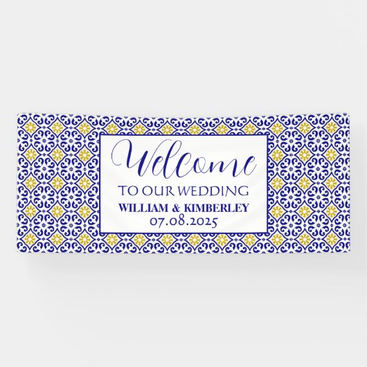 Portugiesisch Tiles Blue Rustic Elegante Wedding Banner (Horizontal)