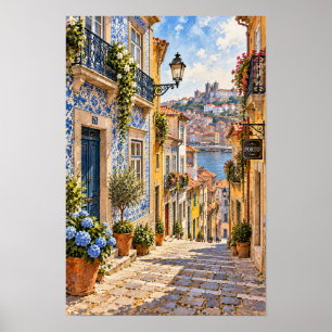 Portugiesische Altstadtstraße und Flussblick-Wandk Poster