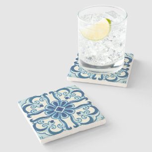 Portugiesische Azulejos Blaue Blumenelemente Steinuntersetzer