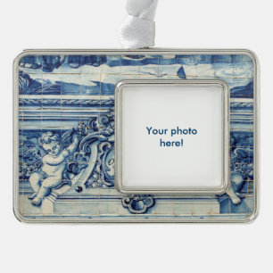 Portugiesische blau-weiße Wandfliesen mit Engeln Rahmen-Ornament Silber