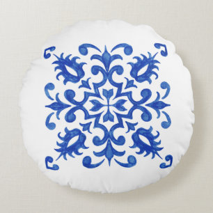 Portugiesische blaue Fliese mit zentralem runden M Rundes Kissen