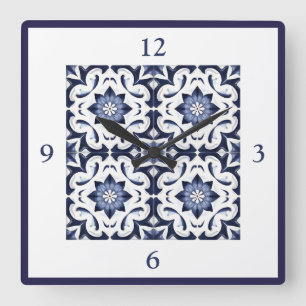 Portugiesische Fliesen Azulejos Vintage Blau Und W Quadratische Wanduhr