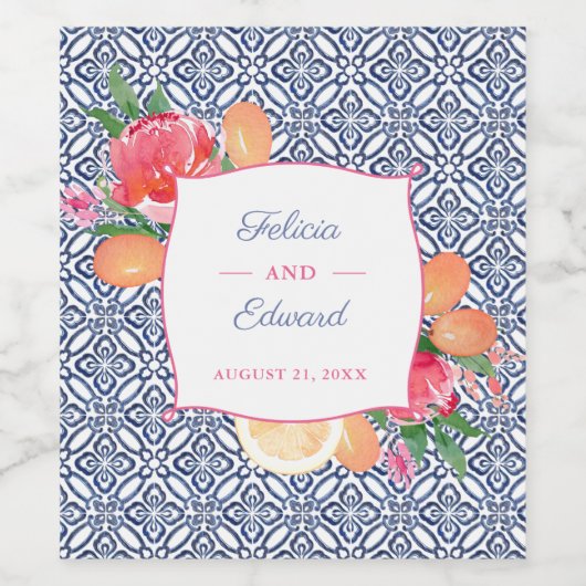 Portugiesische Fliesen farbenfrohe Fruchtsäfte Blu Weinetikett (Einzelnes Label)