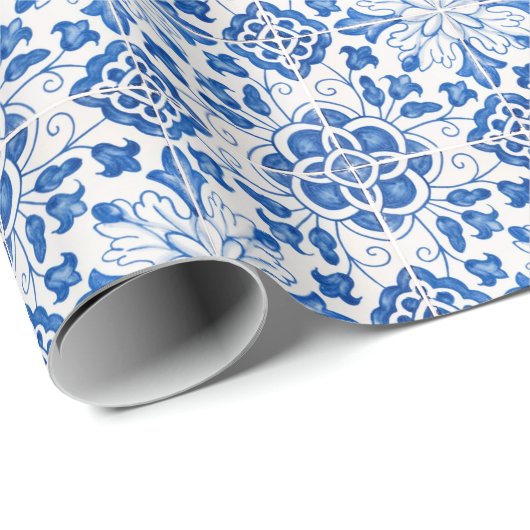 Portugiesische Fliesen mediterrane Blüten Geschenkpapier (Rolleneckpunkt)