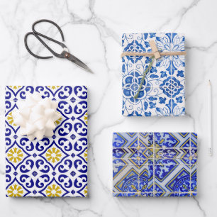 Portugiesische Fliesen Mittelmeer Blau Blumenmuste Geschenkpapier Set