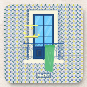 Portugiesische Fliesen und Fensterbalkon mit Vogel Getränkeuntersetzer