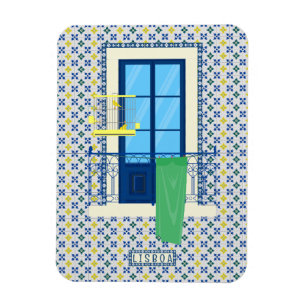 Portugiesische Fliesen und Fensterbalkon mit Vogel Magnet