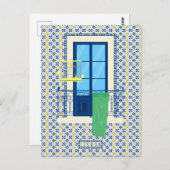Portugiesische Fliesen und Fensterbalkon mit Vogel Postkarte (Vorne/Hinten)