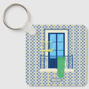 Portugiesische Fliesen und Fensterbalkon mit Vogel Schlüsselanhänger
