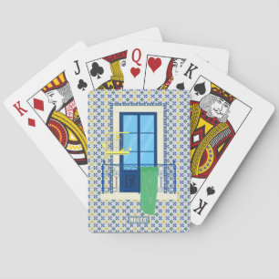 Portugiesische Fliesen und Fensterbalkon mit Vogel Spielkarten