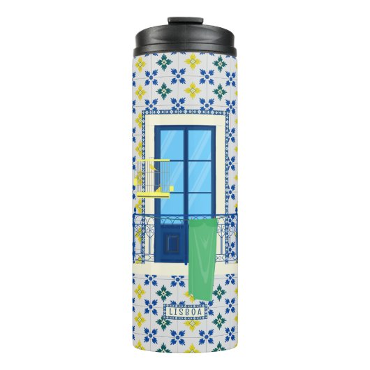 Portugiesische Fliesen und Fensterbalkon mit Vogel Thermosbecher (Vorderseite)