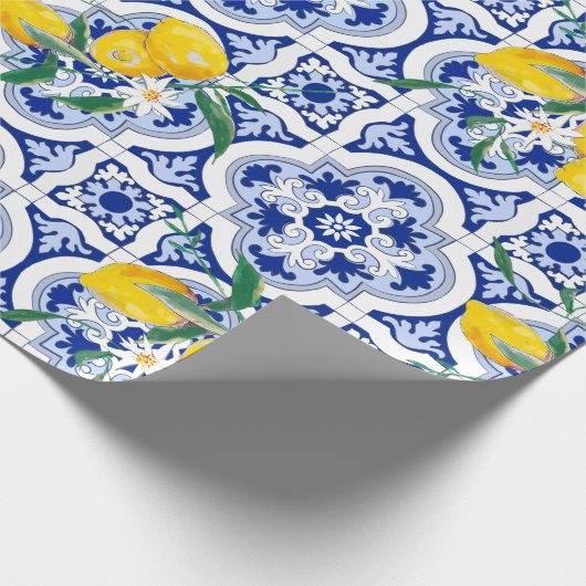 Portugiesische Fliesen, Zitronen, Früchte, Sommerk Geschenkpapier (Ecke)