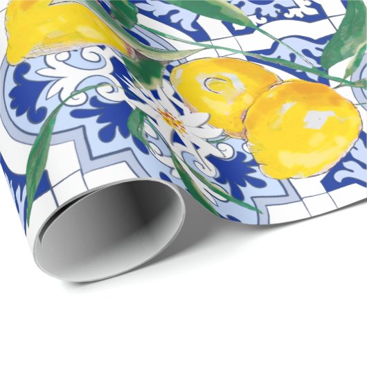 Portugiesische Fliesen, Zitronen, Früchte, Sommerk Geschenkpapier (Rolleneckpunkt)