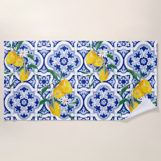 Portugiesische Fliesen, Zitronen, Früchte, Sommerk Strandtuch (Vorderseite)