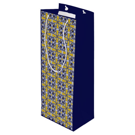 Portugiesische Kacheln in blau und gelb für Weihna Geschenktüte Für Weinflaschen (Rückseite Schrägansicht)