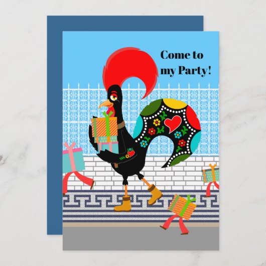 Portugiesische Rooster mit Geschenken 1. Geburtsta Einladung (Vorne/Hinten)