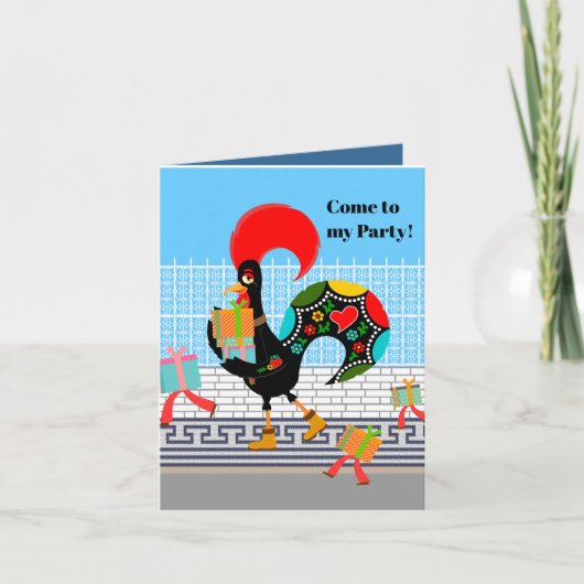 Portugiesische Rooster mit Geschenken 1. Geburtsta Einladung (Vorderseite)