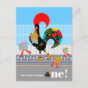Portugiesische Rooster mit Geschenken 1. Geburtsta Postkarte