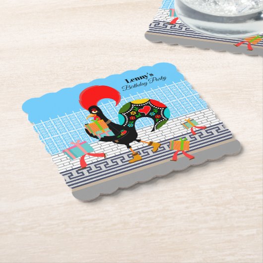 Portugiesische Rooster mit Geschenken 1. Geburtsta Untersetzer (angewinkelt)