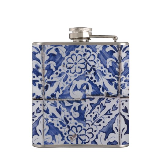 Portugiesische Tiles - Azulejo Blau und Weiße Flor Flachmann (Rückseite)