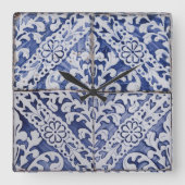 Portugiesische Tiles - Azulejo Blau und Weiße Flor Quadratische Wanduhr (Vorderseite)