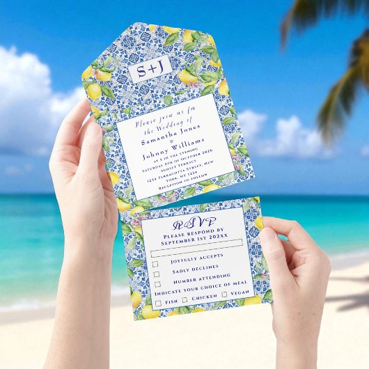 Portugiesische Tiles Lemons Rustikale Initials Wed All In One Einladung