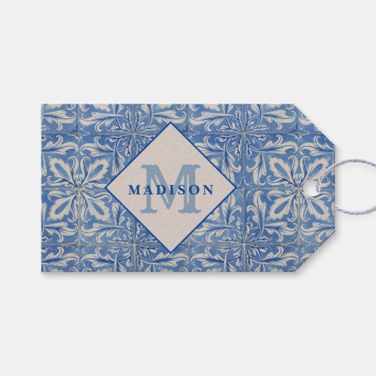 Portugiesische Tiles Vintag Blue White Monogram Geschenkanhänger (Vorderseite (Horizontal))