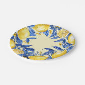 Portugiesische Zitronen auf blau Pappteller (Schrägansicht)