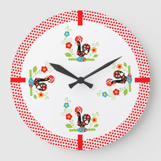 Portugiesischer Hahn mit roten Polka-Punkten Große Wanduhr (Vorderseite)