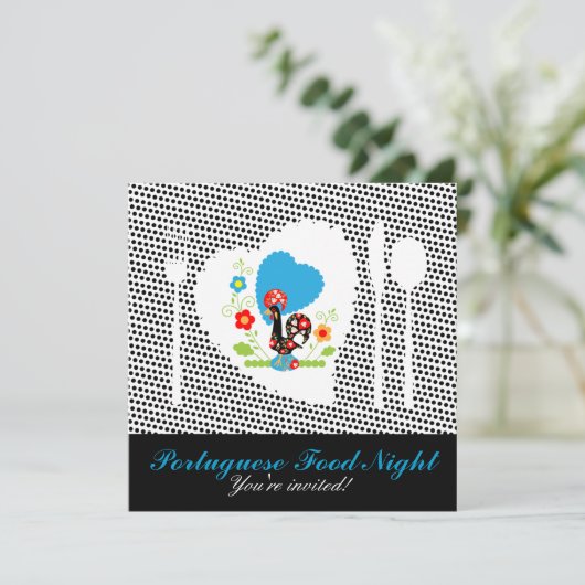 Portugiesischer Hahn mit schwarzen Polka-Punkten Einladung (Stehend Vorderseite)
