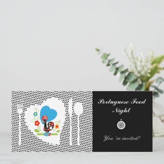 Portugiesischer Hahn mit schwarzen Polka-Punkten Einladung (Stehend Vorderseite)
