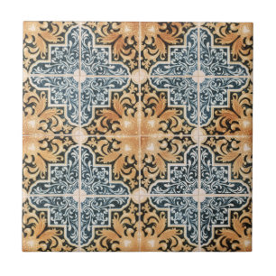 Portugiesischer Pfirsich- und Blaue Vintage-Geomet Fliese