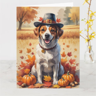 Portugiesischer Wasserhund im Herbstlaub Erntedank Karte