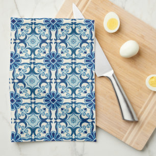 Portugiesisches Azulejos Blaues Blumenkachel-Muste Geschirrtuch