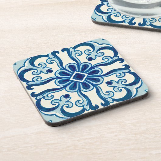 Portugiesisches Azulejos blaues Blumenmuster Getränkeuntersetzer (Linke Seite)