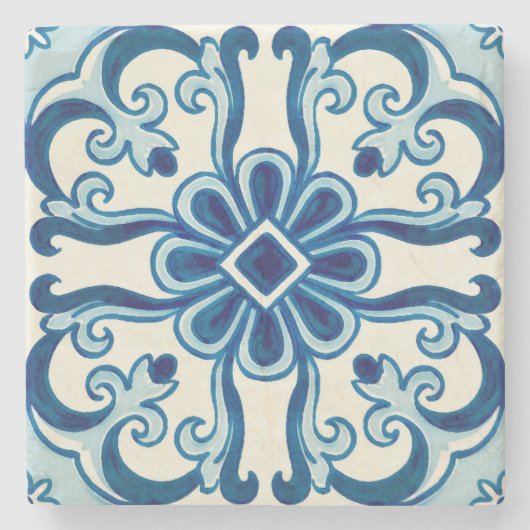 Portugiesisches Azulejos blaues Blumenmuster Steinuntersetzer (Vorderseite)
