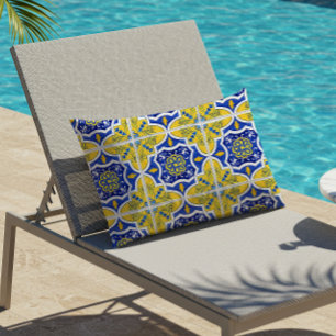 Portugiesisches Fliesenmuster Gelb Blau Outdoor Kissen Für Draußen