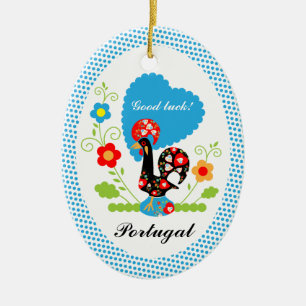 Portugiesisches Rooster mit blauen Polka-Punkten Keramik Ornament