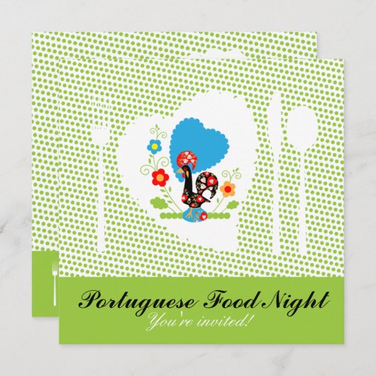 Portugiesisches Rooster mit hellgrünen Polka Punkt Einladung (Vorne/Hinten)