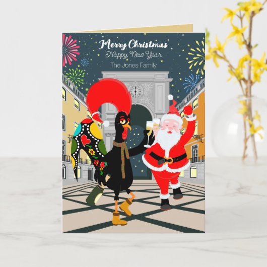 Portugiesisches Rooster und der Weihnachtsmann zum Karte (Gelbe Blume)
