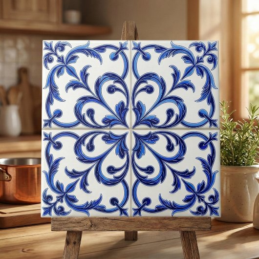 Portuguese Azulejo Blue and White Floral Scroll Fliese
