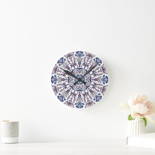 Portuguese Azulejo Blue Floral Pattern Wall Clock  Runde Wanduhr (Zuhause)