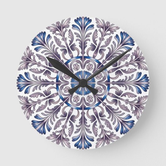 Portuguese Azulejo Blue Floral Pattern Wall Clock  Runde Wanduhr (Vorderseite)