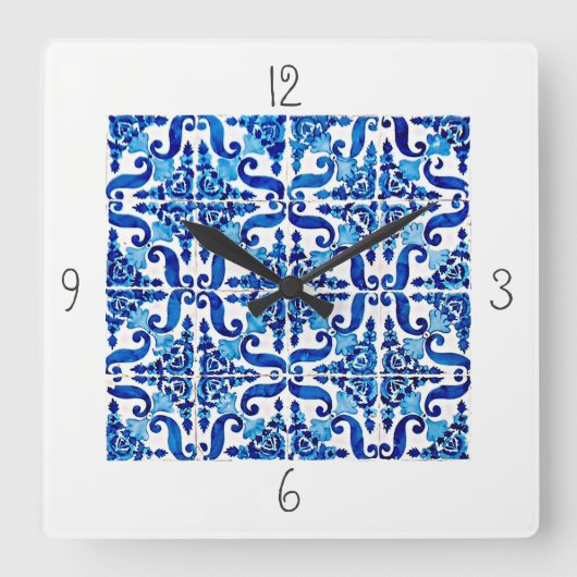 Portuguese Azulejo Square Wall Clock Quadratische Wanduhr (Vorderseite)