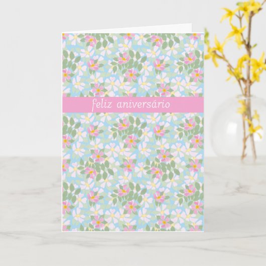 Portuguese Birthday Card: Pink Dogroses on Blue Karte (Gelbe Blume)