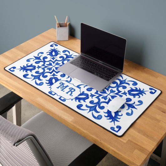 Portuguese Blue Tile Monogram Schreibtischunterlage (Büro 2)