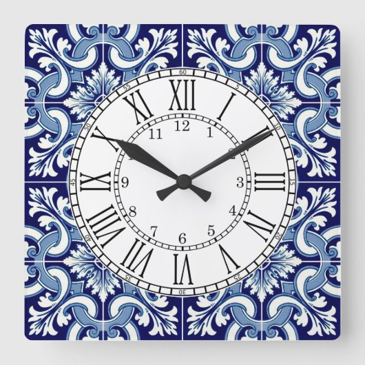 Portuguese blue tile square wall clock quadratische wanduhr (Vorderseite)