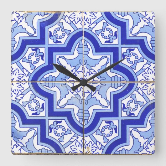 Portuguese Tile clock blue Quadratische Wanduhr (Vorderseite)